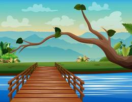 Wooden bridge across river landscape background vector
