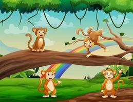 caricatura de monos felices jugando en la jungla vector