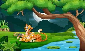Cartoon cheetah with cubs by the river at night vector