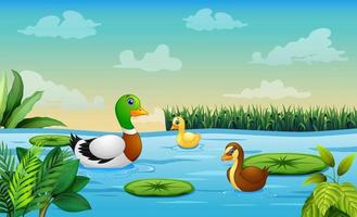 ilustración de un pato madre con sus patitos en el río