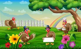 Happy turkeys on the meadow with colorful rainbow vector