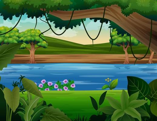 Background scene of forest with river and many trees illustration