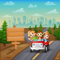 Cartoon children driving a red car on the road