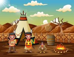 American indians children cartoon with teepees in the desert