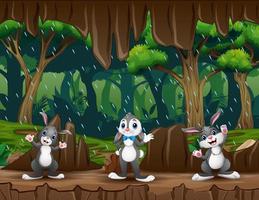 Cute three of rabbits in the cave entrance illustration vector