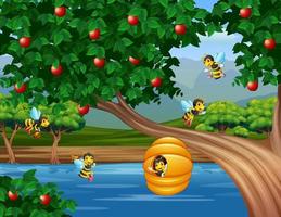 Illustration of apple tree with a beehive surrounded by bees vector