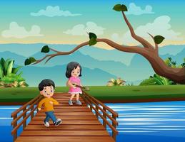 Happy children playing guitar and singing on a bridge vector