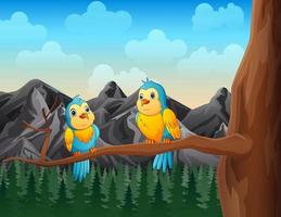 Cute two parrot birds sitting on a tree branch illustration