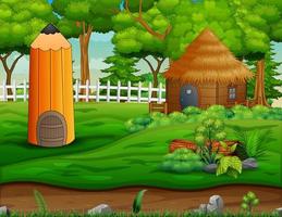 Background scene with hut and pencil house in a park vector