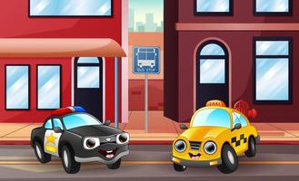 Cartoon illustration of police car and taxi parking on the street vector