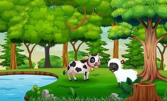 Cartoon a cow and sheep playing at nature vector