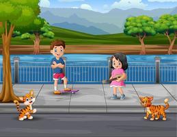 caricatura de un niño y una niña en la calle vector