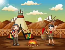 niño y niña exploradores felices en la ilustración del sitio de campamento vector