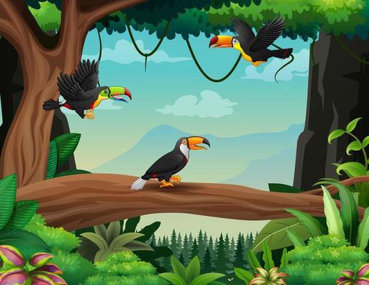 Illustration of toucan birds flying in the jungle