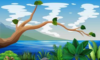 planta y árbol junto a la ilustración del lago vector