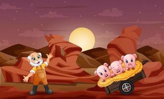 Old farmer with three pigs in the desert illustration vector