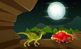 Cartoon dinosaurs playing at night landscape vector