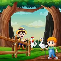 Cartoon farmer with his farm animals in the stable vector