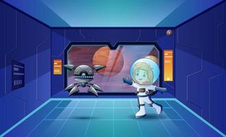 Illustration of astronaut girl and robot in the spaceship vector