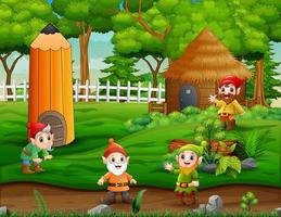 Cartoon of dwarves with fantasy house in the park vector