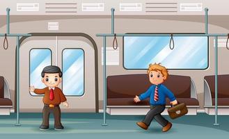 Cartoon man going to work riding the public transport vector