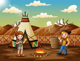 Cartoon the explorer boy and girl camping out in the desert vector