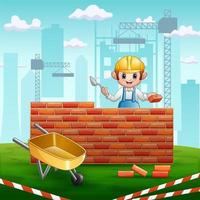 A man builder with a trowel in his hand builds a brick wall vector