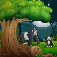 Night forest with a mother gorilla and her cub under the tree vector