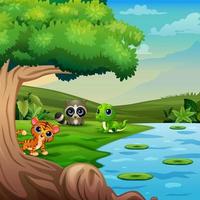 Cute baby wild animals playing by the river vector