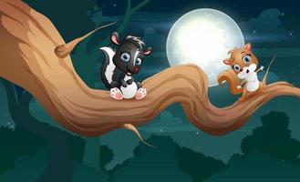 Cartoon of skunk and squirrel on tree at night vector