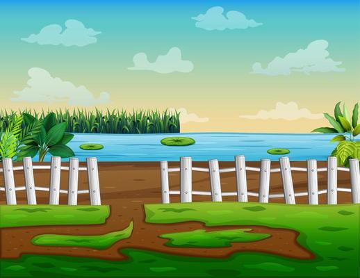 Illustration of dirt road by the lake