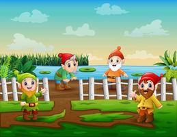 Cartoon illustration of dwarves in the nature background vector