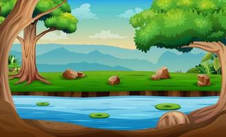 Nature landscape with river along the forest vector