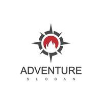 logotipo de aventura con fogata y símbolo de brújula vector