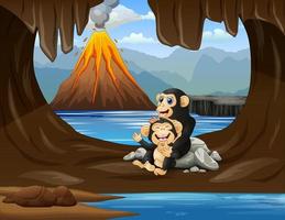 Cute a chimpanzee with her cub in the cave vector