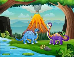 Dinosaurs at the jungle with volcanic eruption background vector