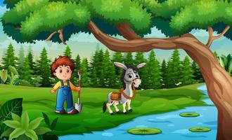 joven granjero de dibujos animados pastoreando un burro junto al río