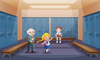 A teacher with student in the school hallway illustration vector