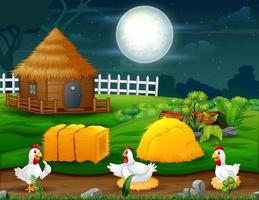 Night landscape with hens at the farm illustration vector