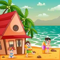 Summer vacation with children playing at the beach vector