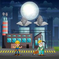 Male workers are working in factory at night vector