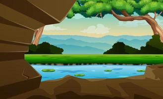 Background scene with cave entrance and river view vector