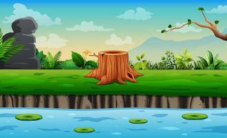 Tree stump by a pond in nature illustration vector