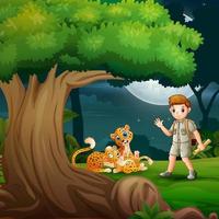 Cartoon the explorer boy and cheetah under the tree vector