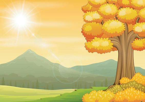 Autumn landscape background with fields and mountains