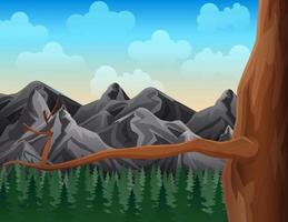 escena de fondo con rama de árbol y montaña rocosa vector