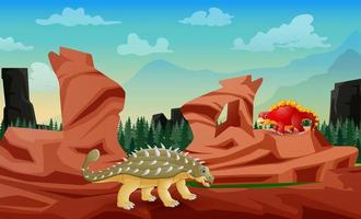 Cute dinosaurs living in the nature landscape vector