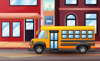 Yellow school bus passing through city street vector