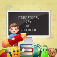día internacional de la educación con un niño sosteniendo un lápiz vector