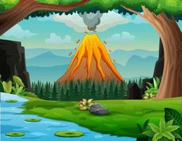 Nature forest landscape with a volcano erupt vector